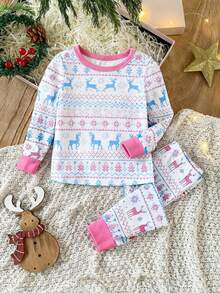 2 件套女婴圣诞节薄款纯色睡衣套装，休闲驯鹿、圣诞树、雪花印花长袖上衣和裤子，舒适贴身家居服 - 藍白色 - 查看 1