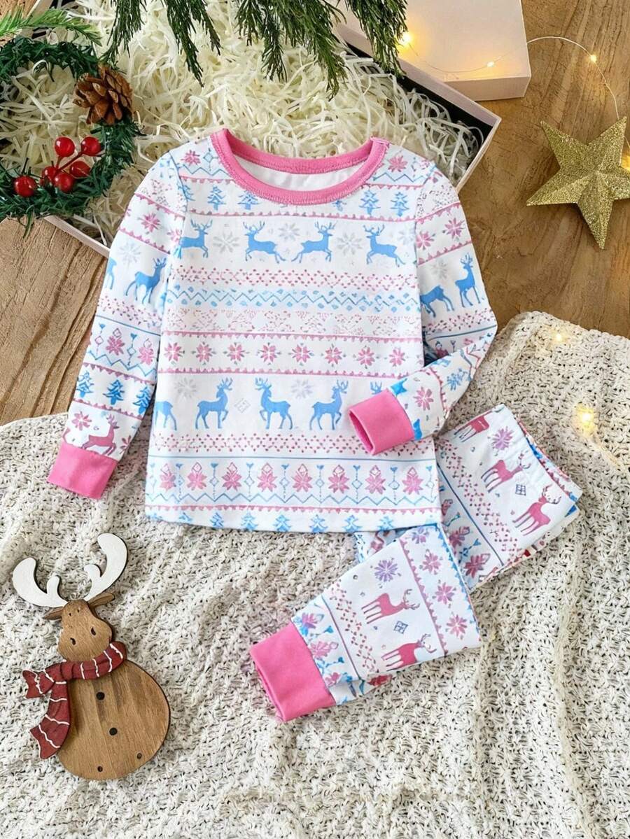 2 件套女婴圣诞节薄款纯色睡衣套装,休闲驯鹿、圣诞树、雪花印花长袖上衣和裤子,舒适贴身家居服 - 藍白色 - 查看 1