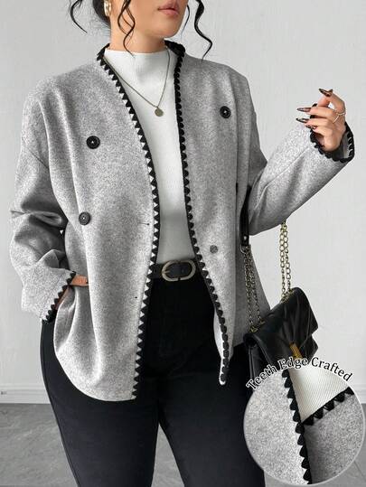 EMERY ROSE 大码女式羊毛外套，带毛边装饰