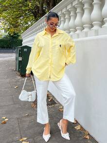 NegzBox Blusa holgada de manga larga con rayas crema-amarillas bordadas para mujer - Amarillo - Ver 1