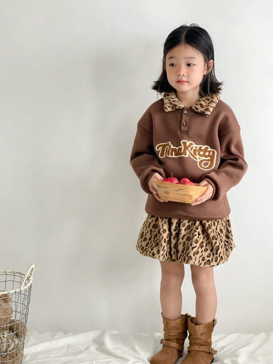 SHEIN 2pcs/Set Young Girls Vintage Letter Applique Sweatshirt And Leopard Print Mini Skirt,Back-To-School School Winter Outfit,Cute & Fashionable Outfit - Multicolor - View 1