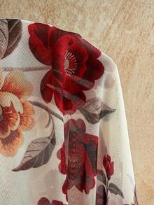 Soleia Damen Große Größen Urlaubs Strick Mesh Vintage Blumen V-Ausschnitt Langarm Fledermaus Bluse mit Vorderband - Verschiedenfarbig - Übersicht 8