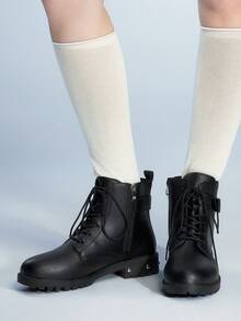 Sugerpunk 2025 New Spring/Autumn Dark PU Leather Boots Women, British Style Thick Sole Lace-Up Rivet Buckle Strap Flat Ankle Boots - Black - View 4