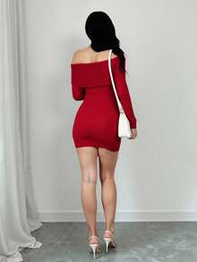 Rafferiza Sexy Off-Shoulder Bodycon Dress Long Sleeve Sweater Dress Knitted Dress Red Sweater Dress Red Ribbed Dress - Red - View 2