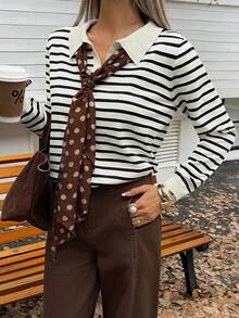 DAZY Striped Polo Neck Long Sleeve Casual & Formal Knit Top For Women, Autumn/Winter - White - View 7