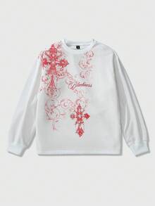 ROMWE MEN Men's Gothic Cross Print Waffle Fabric Pullover Sweatshirt, Suitable For Everyday Wear, Autumn/Winter - White - View 4