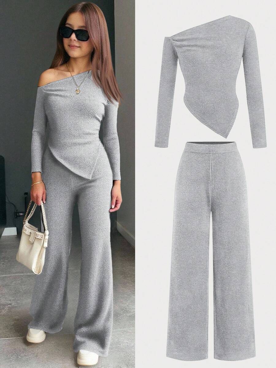 Firerie Kids Firerie Kids 两件套少女休闲针织不对称领T恤和阔腿裤套装，适合秋冬季日常休闲穿着 - 灰色 - 查看 1