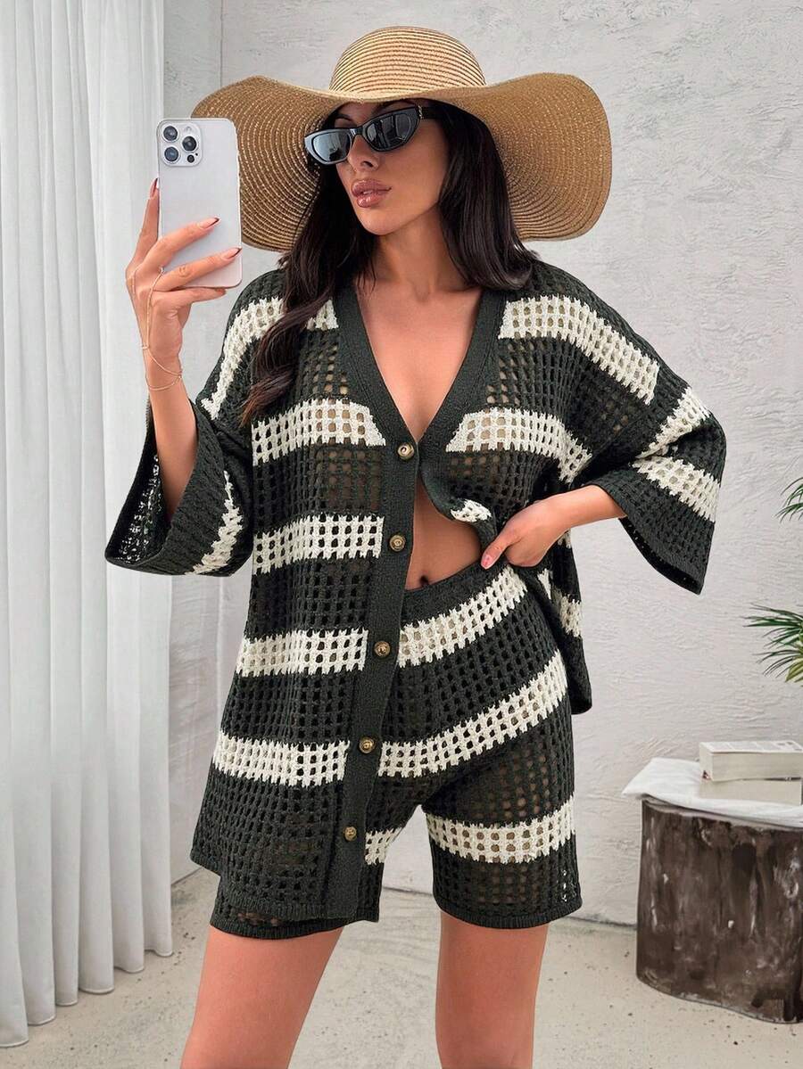 EURMUSE Plus Cover Up With Stribes With Beige Cardigan And Short - Army Green - View 1