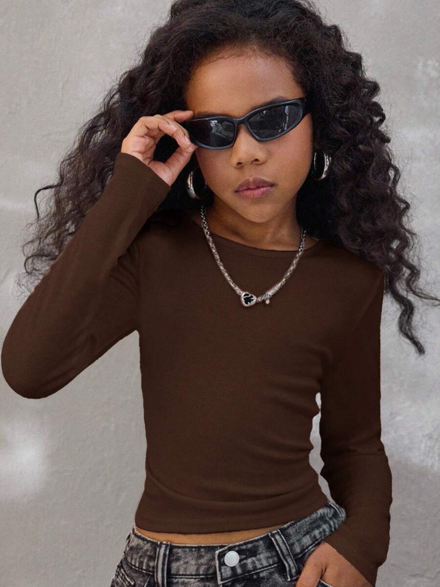 Coolane Tween Girls Winter Solid Ruched Side Crop Tee,Christmas/New Year/Thanksgiving/Party/Elegant/Chic - Brown - View 1