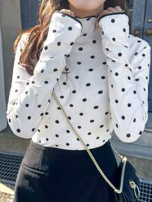 FRIFUL 女士圆领植绒波点修身撞色滚边T恤 - 米色 - 查看 5