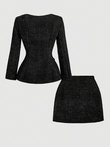 SHEIN MOD 灰色双排扣V领马甲西裤套装（2件套），办公着装，复古优雅风格，学院风，职业装，女装 - 黑色 - 查看 2