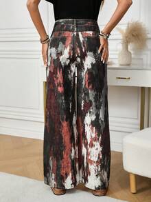 SHEIN LUNE Women's Fashionable Pocket Printed Straight-Leg Jeans Palazzo Pants Women Wide Leg Pants Boho Pants Pallazo Pants Women Silk Pants - Multicolor - View 2