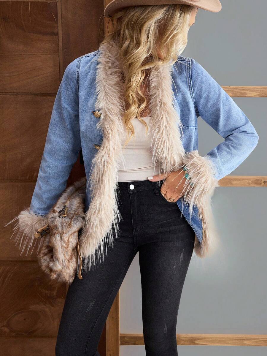 EMERY ROSE Women's Regular Shoulder Long Sleeve Fringe Trim Fashionable Versatile Denim Jacket