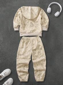 Tween Boy Plant Print Long Sleeve Hoodie And Sweatpants Casual Outfit - Apricot - View 2