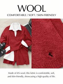 Muvela Women's Polo Collar Long Sleeve Wool Sweater And Shorts 2-Piece Set, Warm And Comfortable, Delicate Embroidery, Retro College Style, Lazy Daily Wear, Cozy Home, Back To School, Casual Outings, Afternoon Tea, Old Money Vibe, Autumn & Christmas - Red - View 9