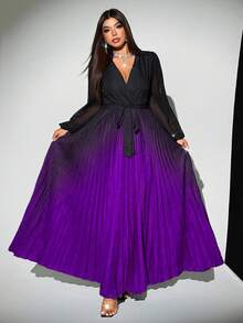 Viva Relle 大码女士优雅渐变交叉领雪纺薄纱袖系带蝴蝶结褶皱连衣裙，百搭设计，适合派对、外出等场合 - 彩色 - 查看 4