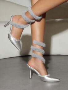 CUCCOO SZL Women's Rhinestone Pointed Toe Wrap Faux Fur High Heel Shoes, New Style Stiletto Furry Mules - Silver - View 4