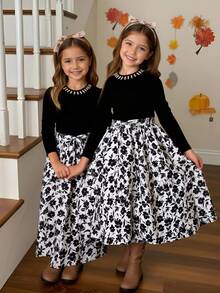 SHEIN Tween Girl Mandarin Collar Raglan Puff Sleeve Casual Floral Patchwork Print Dress - Black - View 2