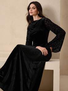Graceveil Elegant,Formal,Black,Autumn Velvet Pleated Patchwork Burnout Lantern Sleeve Cinched Waist Dress For Festival Birthday Wedding Party Dining Evening - Black - View 3