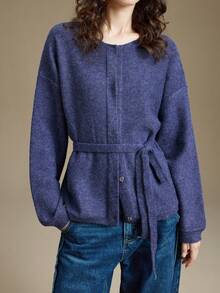 Ontre 2025冬季女士针织开衫，优雅宽松版型，适合5-15°C，适合万圣节、圣诞节、冬季、工作、办公室等场合，蓝色长袖针织衫，职业女性，配有腰带，商务休闲，日常穿着，百搭开衫，现代都市风格，适合情人节、万圣节、圣诞节、感恩节、节日等场合，时尚百搭女士开衫 - 藍色 - 查看 4