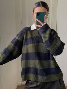 DAZY Pull ample à col châle, rayures bicolores, manches longues, style décontracté pour femmes. Automne/Hiver - Vert - Voir 3