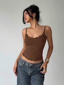 Aloruh Casual Versatile Solid Color Lace Trim Camisole, Summer Everyday Coffee Brown - Coffee Brown - View 6