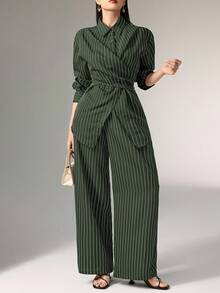 Heiryn 收腰、裹身、韩式风格、复古风、百搭通勤休闲两件套衬衫 - 軍綠色 - 查看 2