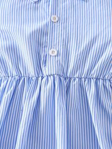 Conjunto de vestido de manga larga con botones y cuello, chaleco vaquero, mochila y accesorios a rayas azules y blancas para niñas pequeñas, adecuado para uso diario, salidas, vacaciones y fiestas en otoño/invierno