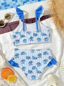 Bộ bikini 2 mảnh cho bé gái 2025 phong cách mới, hình thỏ xanh dễ thương in sọc nhún bèo đáng yêu thời trang trẻ em thanh lịch thích hợp cho bơi lội, nghỉ mát, hồ bơi, bãi biển, chụp ảnh mùa hè, làm quà tặng - Màu xanh lam - Xem 3