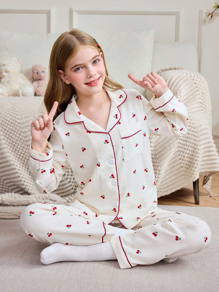 SHEIN Girls' Cherry Print Bubble Crinkle Button-Up Shirt Set - Apricot - View 1