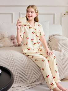 SHEIN 女童泡泡樱花印花短袖睡衣套装 - 黃色 - 查看 5