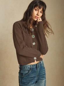 Maija Damski jednorzędowy kardigan z okrągłym dekoltem i metalowymi guzikami, dzianinowy, do pracy w mieście, elegancki, biznesowy, casualowy, podstawowy top na wyjścia, na Boże Narodzenie i Nowy Rok, jesień/zima, jesień dla kobiet