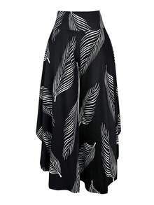 EMERY ROSE Plus Size Solid Color Asymmetric Hem Leaf Print Wide Leg Pants - Multicolor - View 4