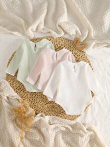 Newborn Baby Pajamas-3 Piece Pajama Set Ribbed Romper Bodysuit Round Neck Long Sleeve Options Pastel Mint Pink Cream Minimalist Modern Classic Infant Sleepwear Nursery Soft Breathable Stretch All Season 2026 New Year Holiday Gift - Multicolor - View 2