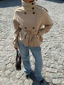 Muchica Women's Khaki Autumn Smart Casual Everyday Trench Coat,High-Neck Fitted Waist Belted Jacket,Retro Short Lightweight Linen Blend Business Outing Coat - Khaki - View 5