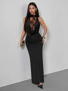 SHEIN PETITE 优雅黑色蕾丝高领修身连衣裙，适合春夏正式场合，也可作为婚礼宾客礼服 - 黑色 - 查看 6