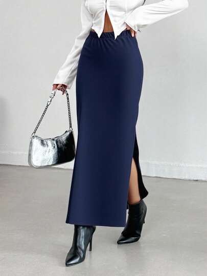 RueChic Women's Casual & Office Commute Solid Color High Waist High Slit Hem Fitted Skirt