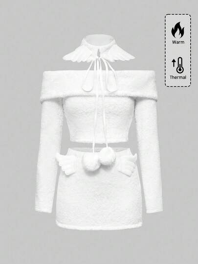 ROMWE Avant Ensemble de 3 pièces pour femmes composé d'un Top ajusté à épaules dénudées de couleur unie élégant et mignon, d'une jupe à ailes 3D et d'un cache-cou en fourrure avec nœud pompon, pour l'automne/hiver