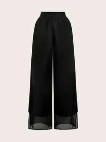 SHEIN Privé Women's Wide Leg Chiffon Side Slit Pants - Black - View 1