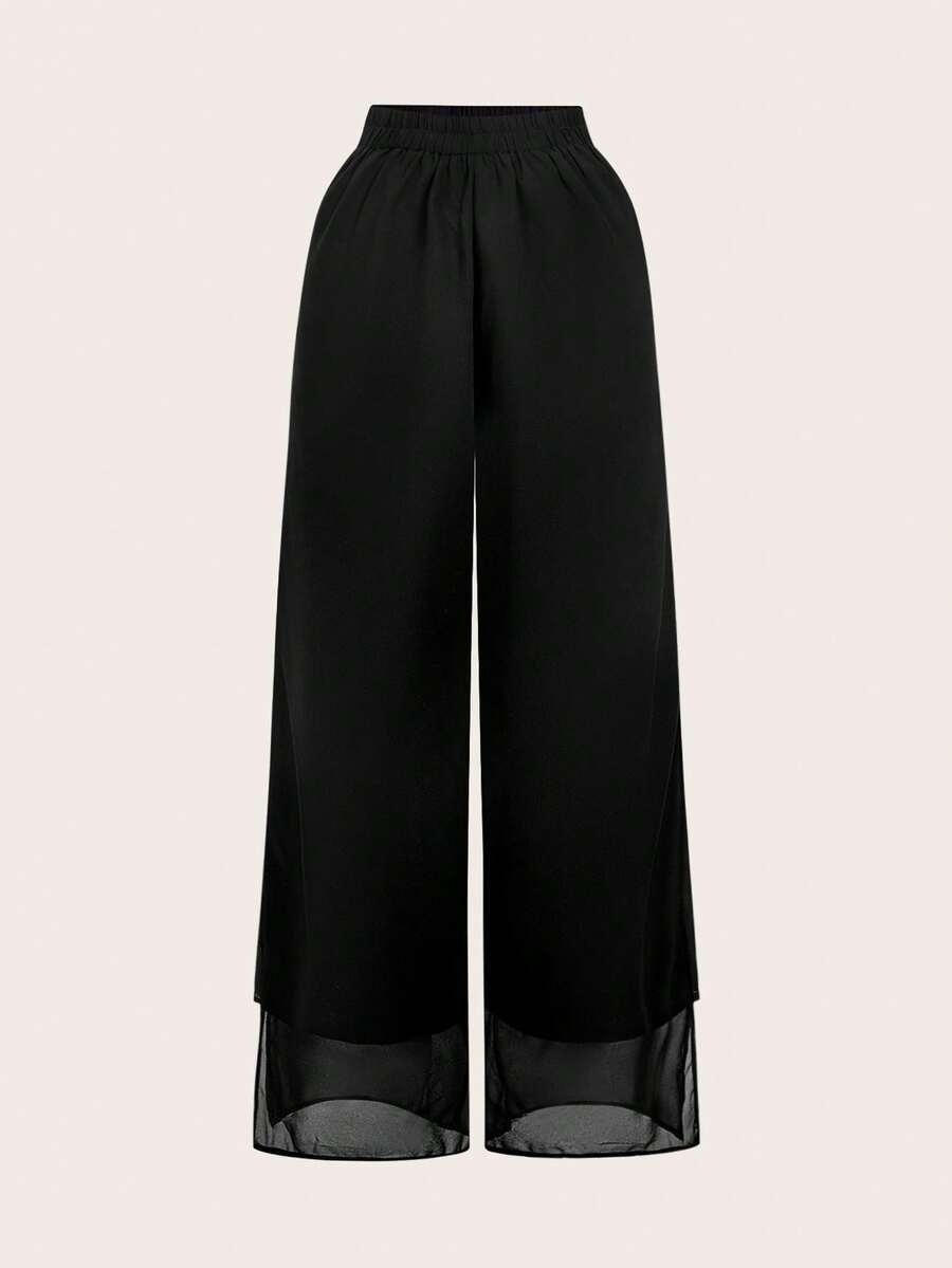 SHEIN Privé Women's Wide Leg Chiffon Side Slit Pants - Black - View 1