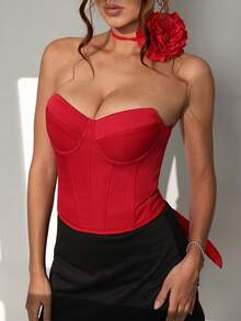 Almamuse Damen rotes Blumen-Spitzen-Bustier-Top ohne Ärmel, geeignet für Ausgänge