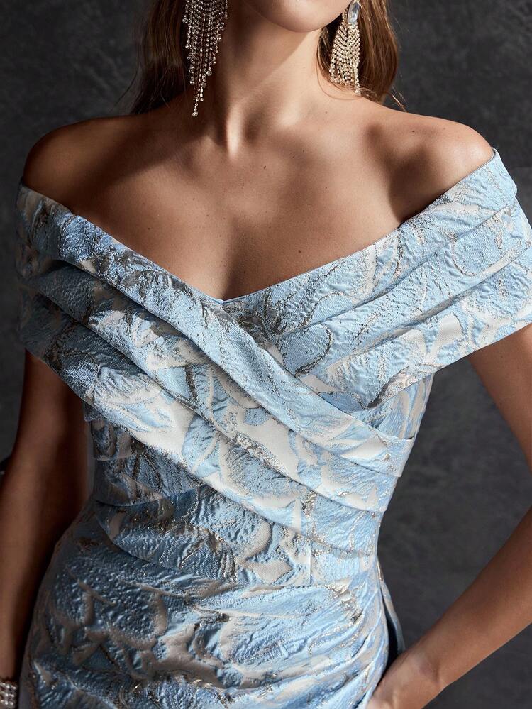 MOTF Soiréza WOMEN'S OFF SHOULDER JACQUARD ELEGANT LONG DRESS WITH TRAILING DESIGN, SUITABLE FOR AUTUMN/WINTER OCCASIONS