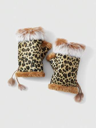 Fairycore 1 Pair Camel Y2K Retro Furry Leopard Print Lace-Up Fingerless Gloves, Autumn/Winter, Fashionable & Minimalist Wild Style For Women, Suitable For Daily Wear, Parties, Gatherings