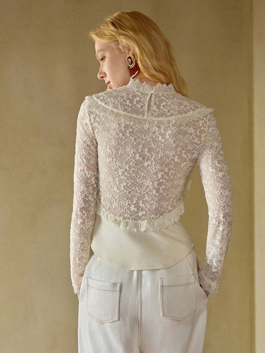 MOTF STUDIO WOMEN CONTRAST LACE LONG SLEEVE SLIM FIT TOP, AUTUMN/WINTER - Beige - View 2