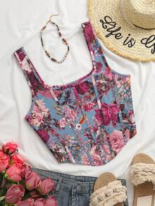 SHEIN VCAY Camiseta sin mangas con estampado floral colorido de talla grande - Multicolor - Ver 1