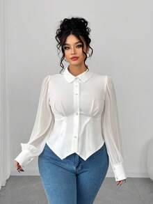 Elenzga Plus Size Women Pearl Button Decor Long Sleeve Elegant Blouse, Office/Commute Wear Fall - White - View 4