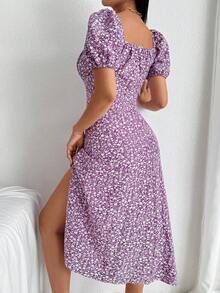 Chiquease 方領碎花前繫帶高衩連衣裙 - 紫丁香色 - 查看 2