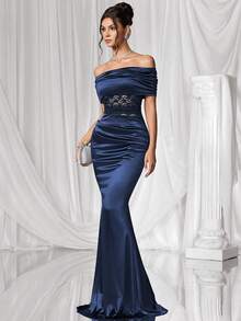 Coutiva Women's Red Off Shoulder Formal Evening Gown - Navy Blue - View 6