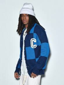 Modcrash Casual Loose Fit Button-Up Cardigan With Long Sleeve, V-Neck, Plaid Pattern, Letter Print, Streetwear Style, Suitable For Spring, Autumn, Winter - Blue - View 1