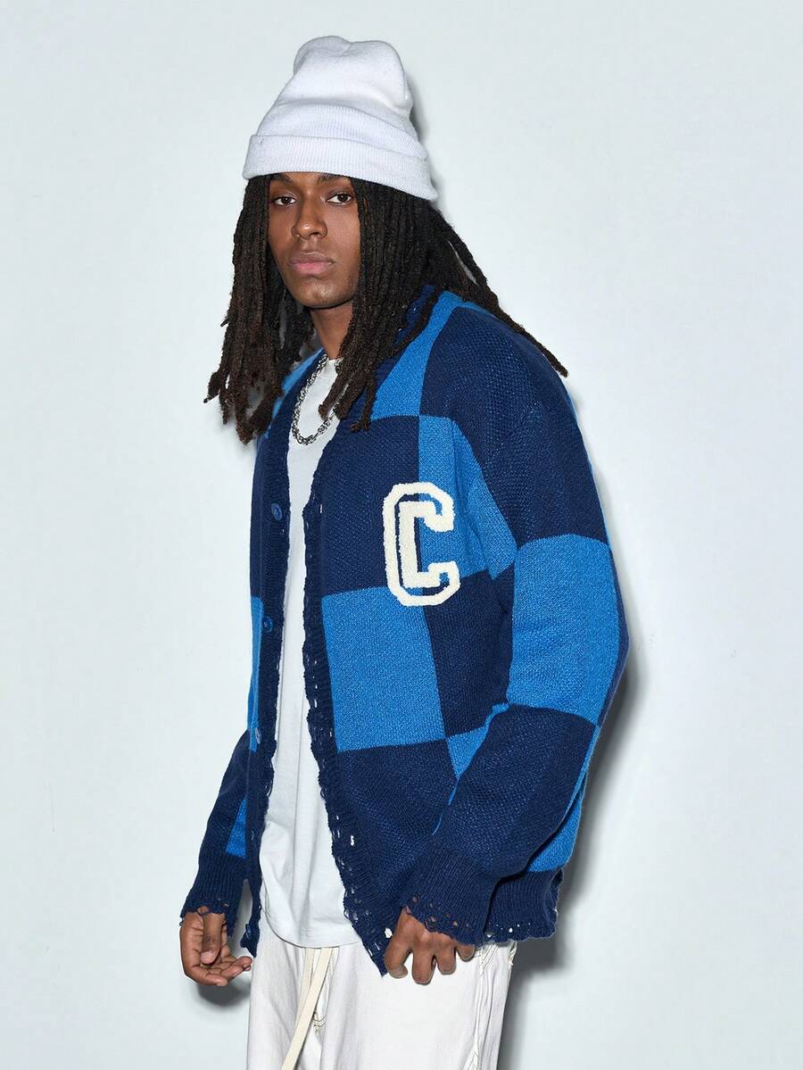 Modcrash Casual Loose Fit Button-Up Cardigan With Long Sleeve, V-Neck, Plaid Pattern, Letter Print, Streetwear Style, Suitable For Spring, Autumn, Winter - Blue - View 1